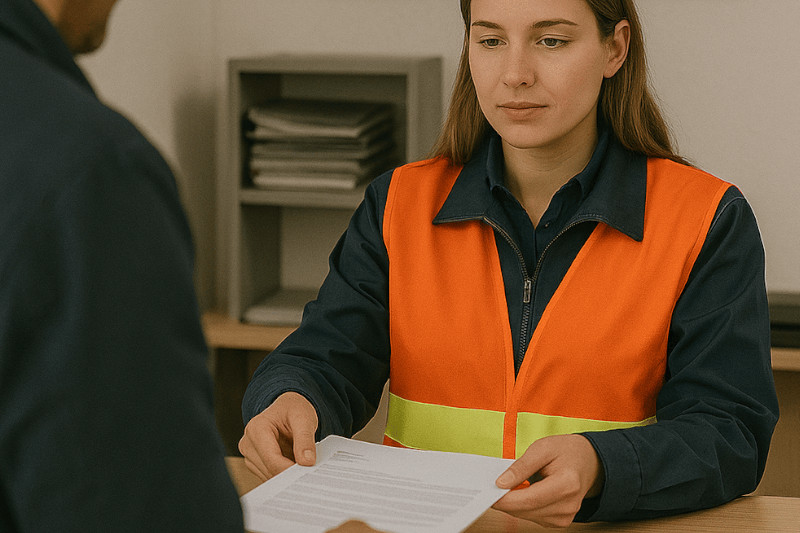 Homme présentant des documents en fourrière