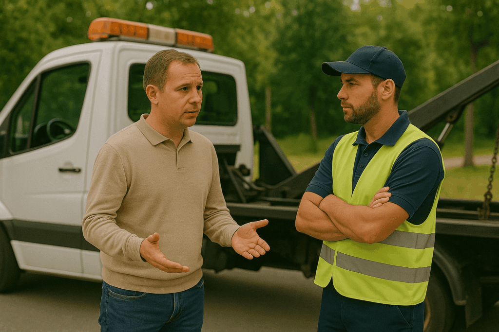 Homme discutant avec un conducteur de camion remorque à Calais