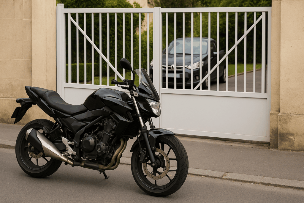 Moto devant un portail en Nouvelle-Aquitaine