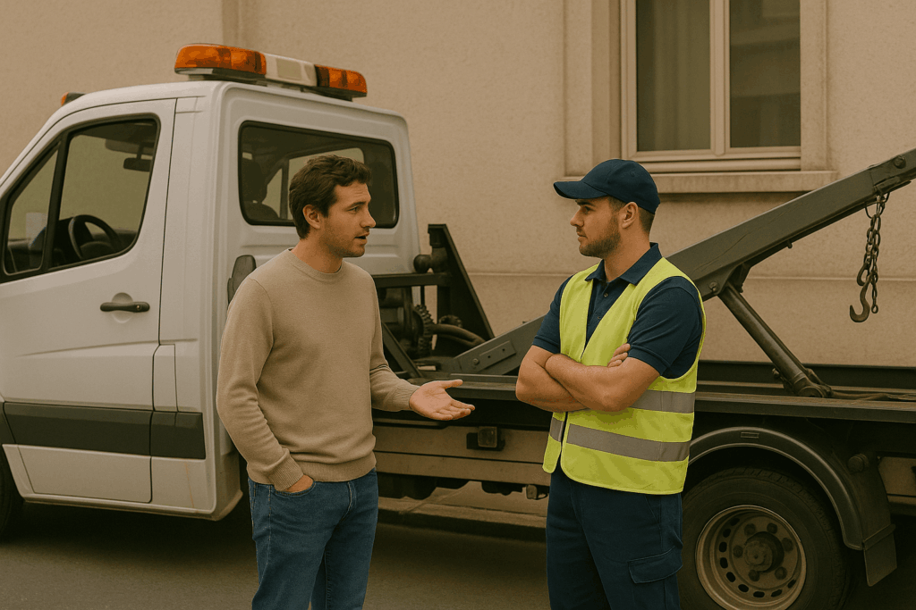 Homme discutant avec un conducteur de camion remorque à Villeneuve-d'Ascq