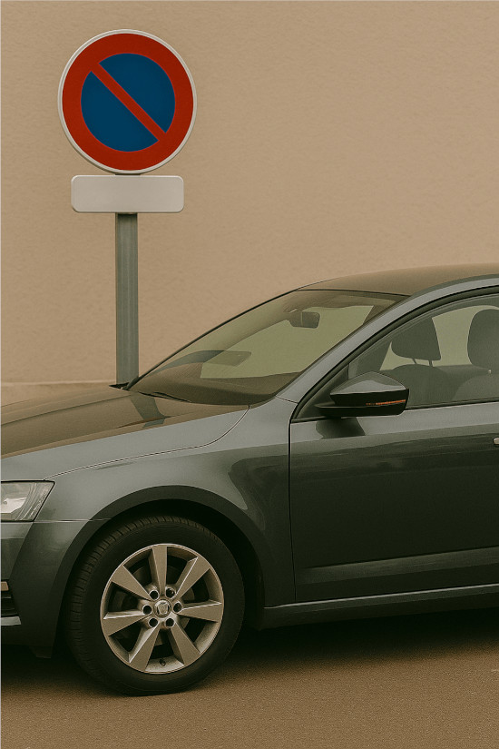 Voiture garée devant un panneau stationnement gênant