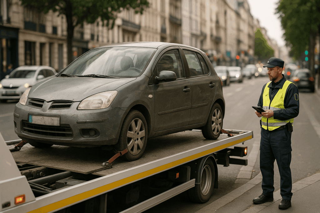 Voiture mise en fourrière avec un agent à proximlité