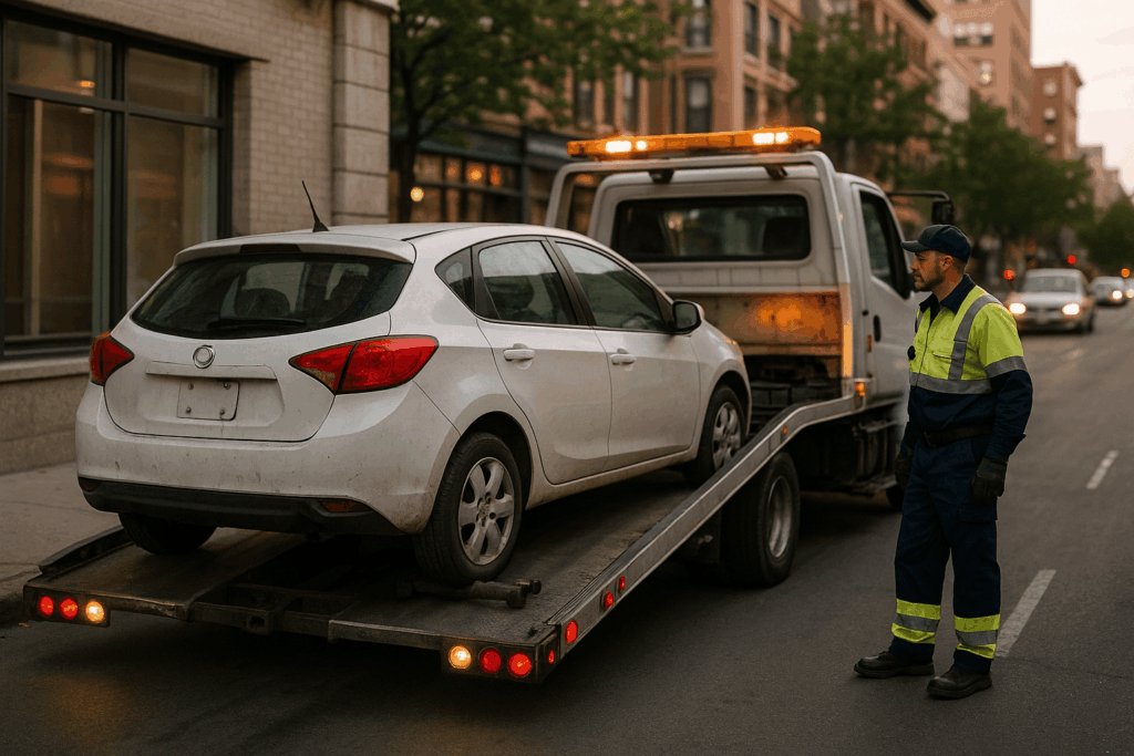 Voiture blanche enlevée pour être mise en fourrière avec un agent à côté