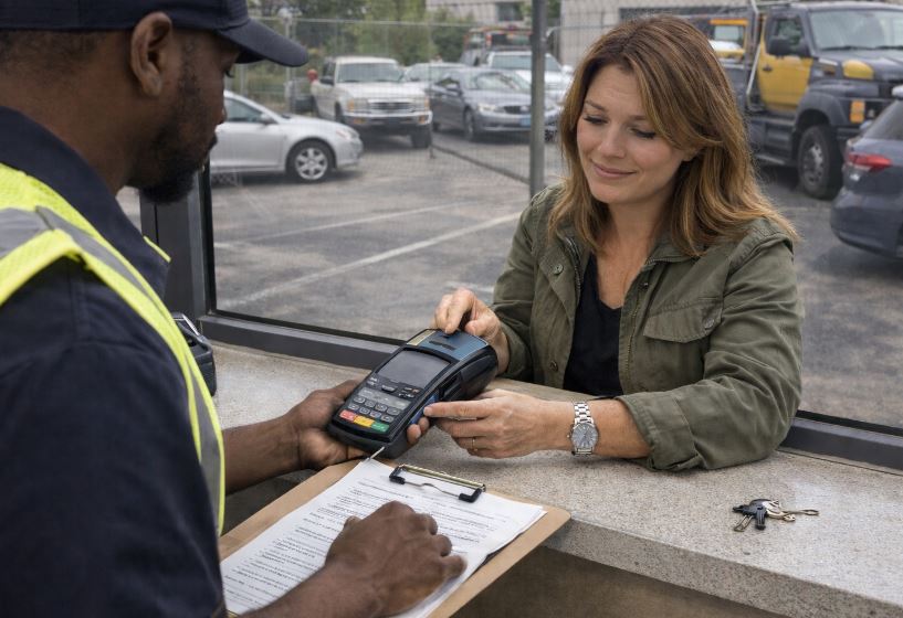 Femme réglant des frais de mise en fourrière