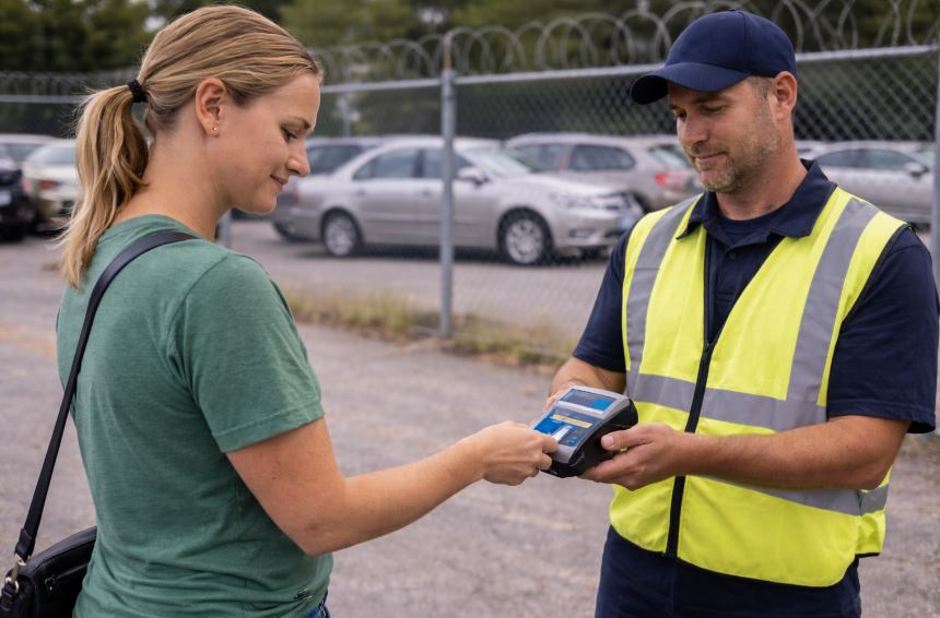 Femme réglant des frais de fourrière à Évry