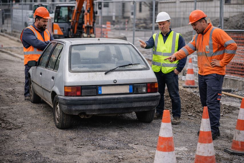 Voiture garée dans une zone de travaux